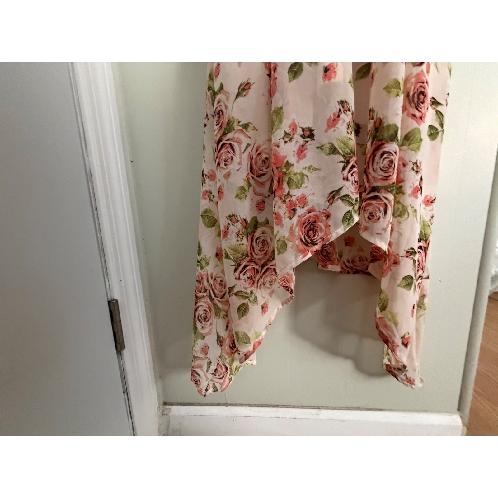 Maria Gabrielle Pink Rose Floral Chiffon MaxiDress BellSleeve HandkerchiefHem L