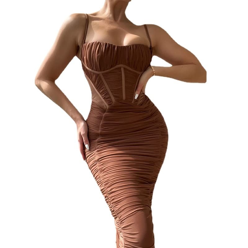 Women’s Sexy Sling Ruffle Design Party Club Wrap Sheath Dress (Brown, Medium)