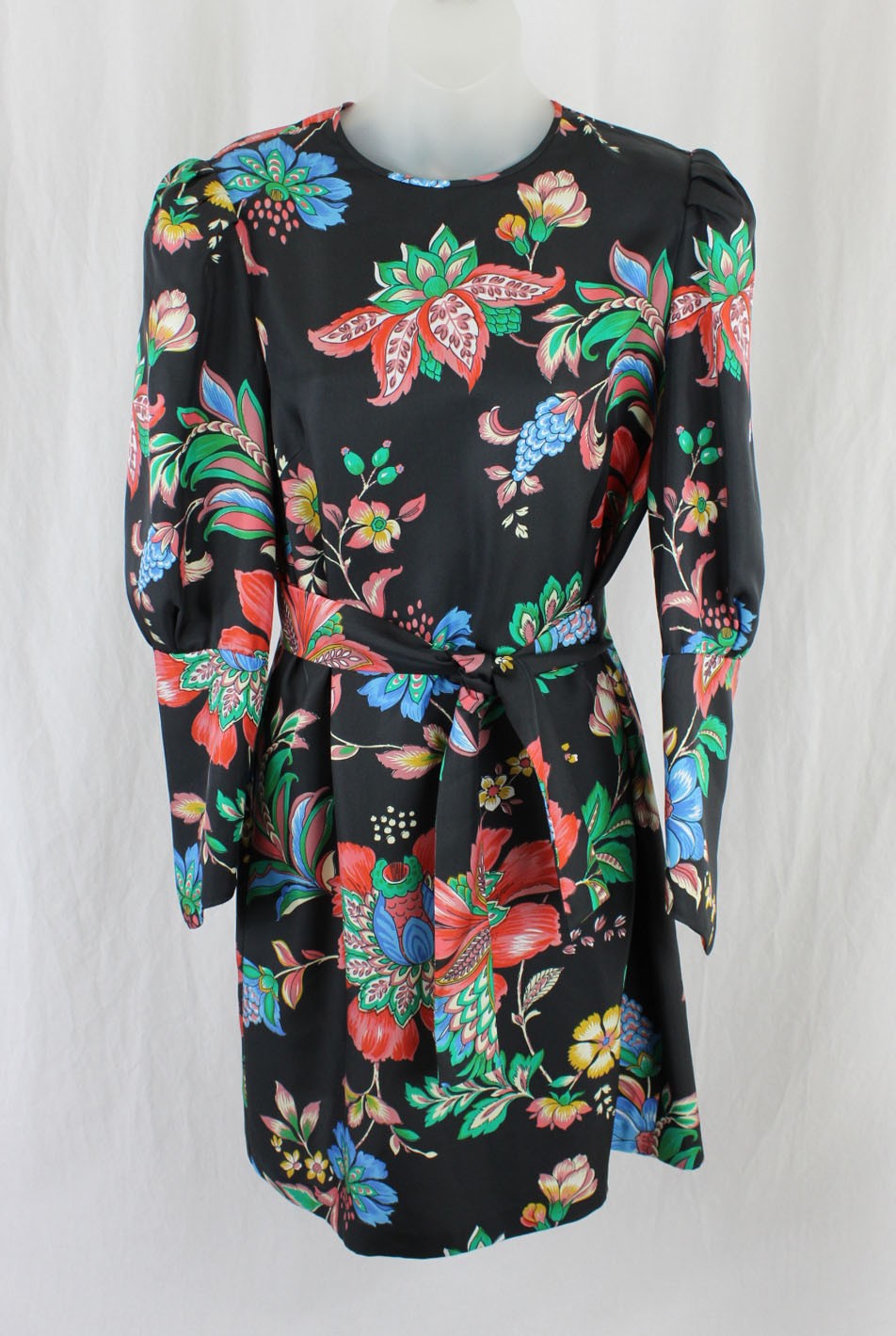 Black Iris Women’s Black Red Multi Print Silk Long Sleeve Belted Dress 4