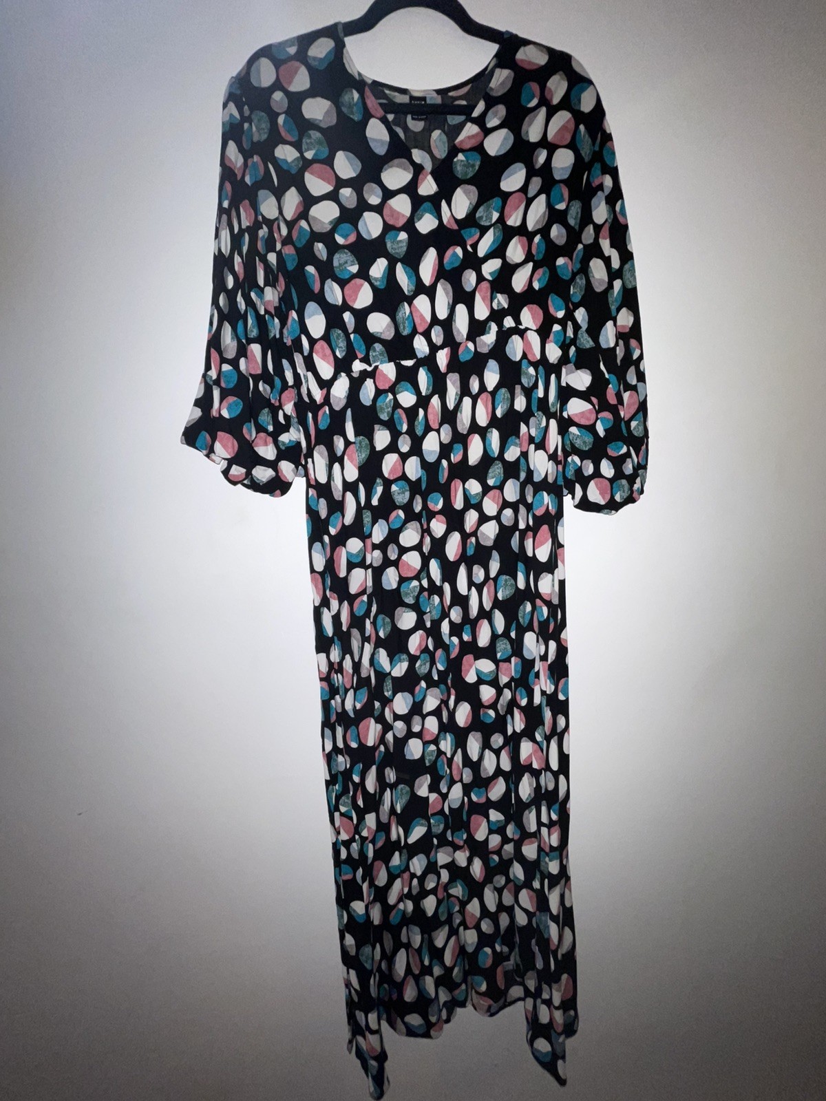 Black 100% cotton cool Print Midi Dress uk 18 (XL) hardly worn. lantern sleeves