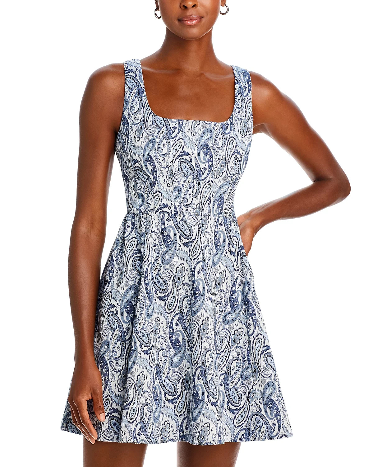 Aqua L7211 Blue Jacquard Paisley Square Neck Mini Dress Size S
