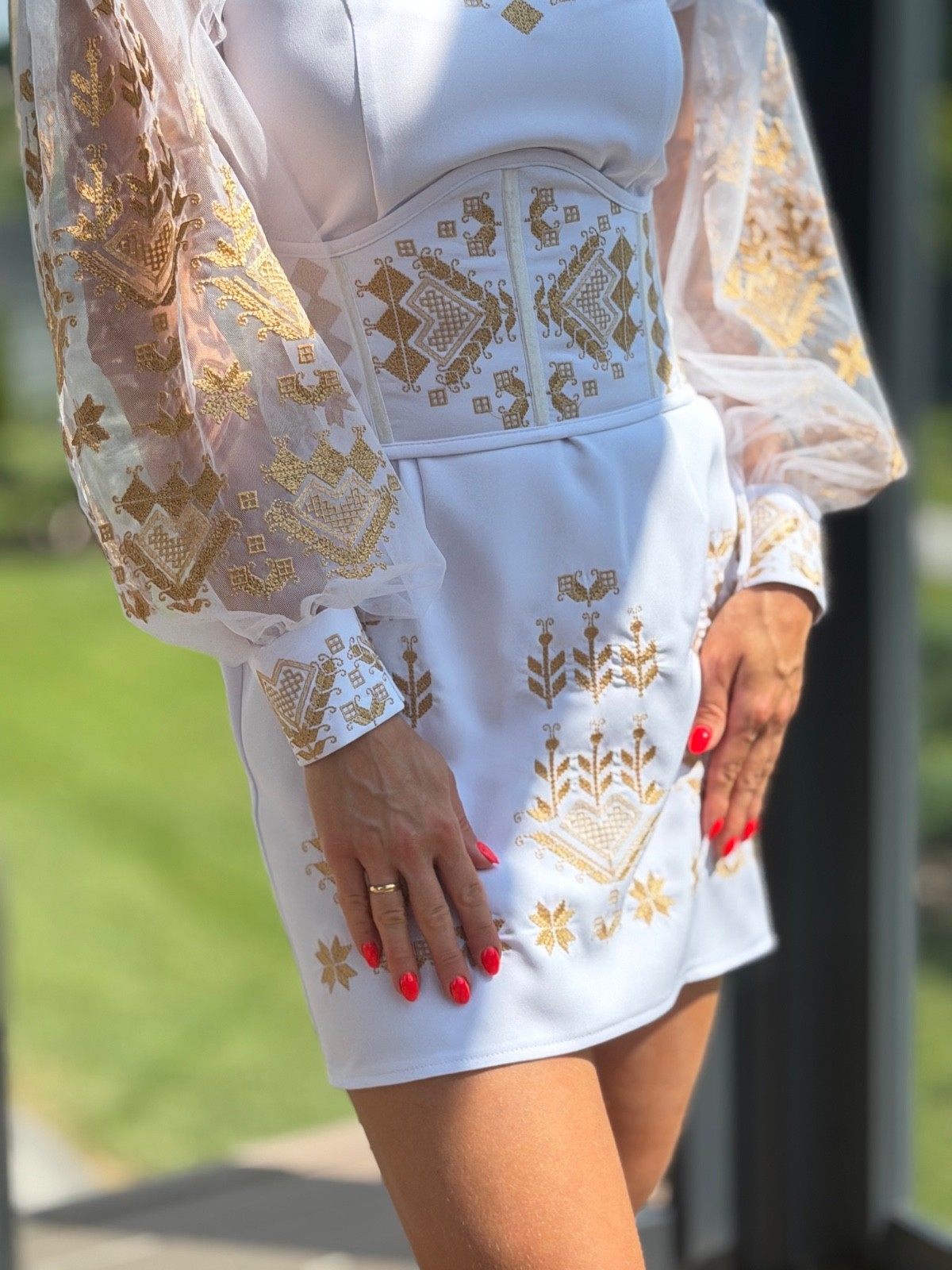 Ukrainian Embroidered Mini Dress Vyshyvanka White Off Shoulder Corset
