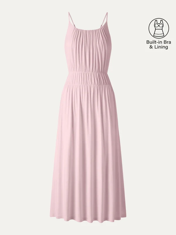 Women’s U Neck Spaghetti Strap Midi Dress Built In Bra Pockets, Pink, Freeship