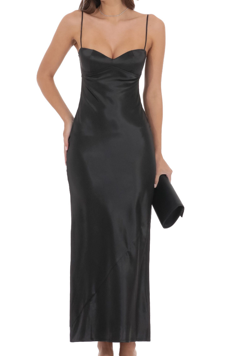Lucy In The Sky LA Satin Back Tie Maxi Dress in Black Size L NWT