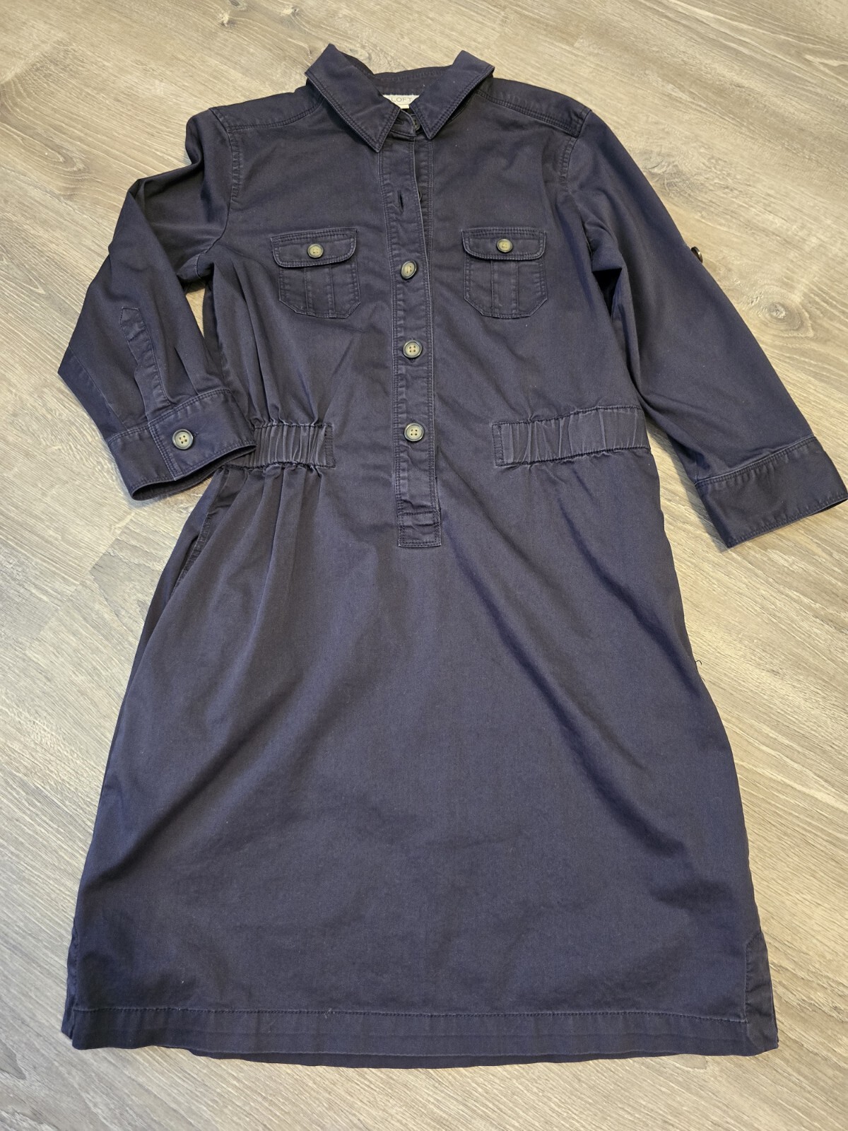 LOFT Navy Button Down Utility Dress XS Pockets & Rollable Sleeves Distressed