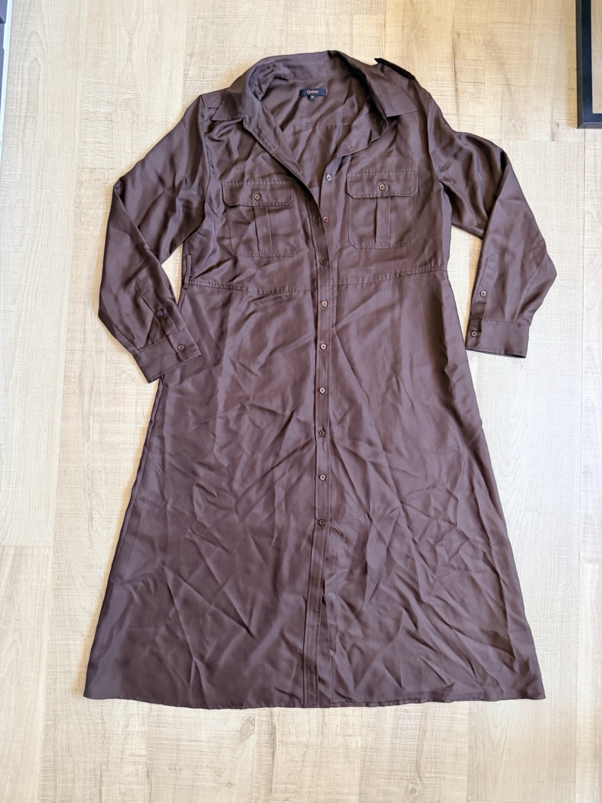Quince 100% Silk Twill Utility Shirt Dress Hot Fudge Brown Size M (No Belt)
