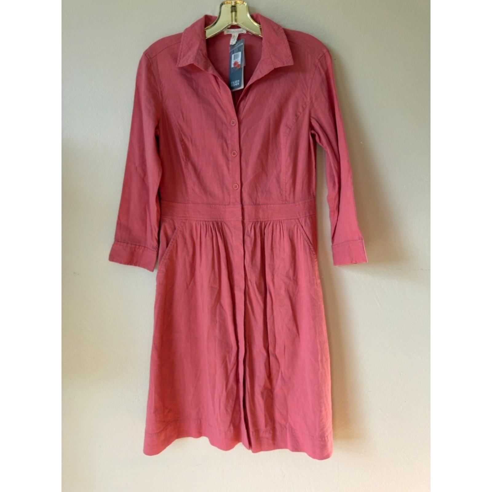 Eileen fisher linen classic collar shirt dress coral size xxs nwt