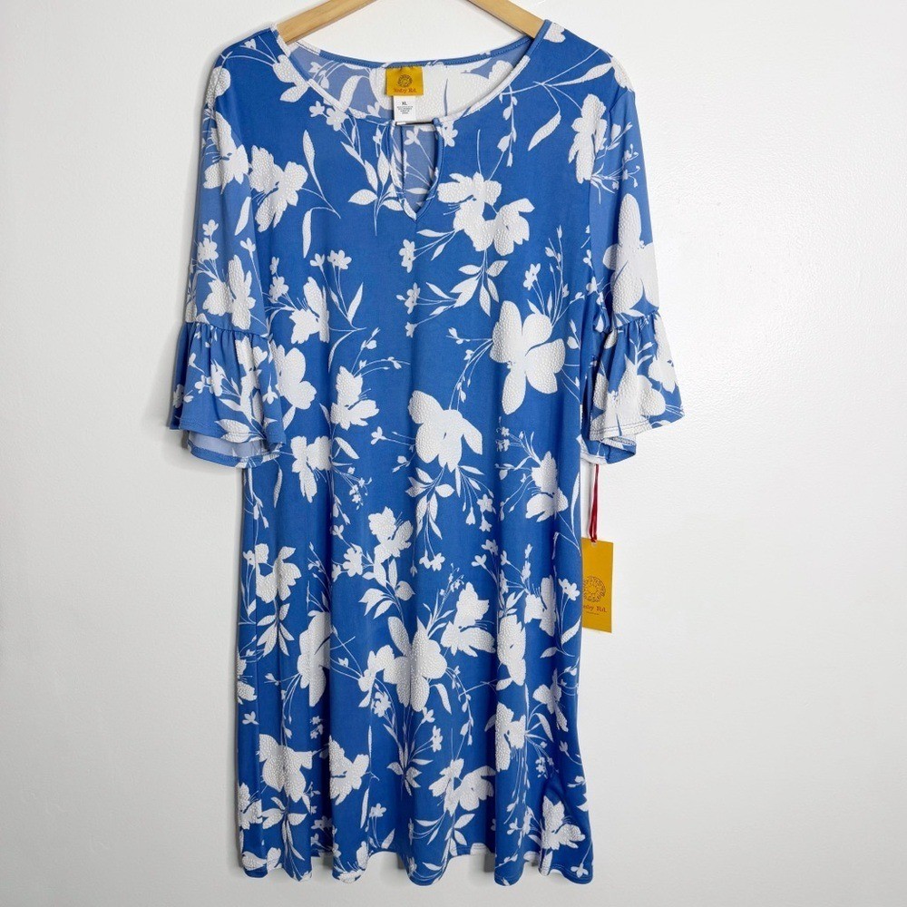 NWT Ruby Rd. Blue White Floral Dress Keyhole Neck Casual Summer Semi Sheer XL