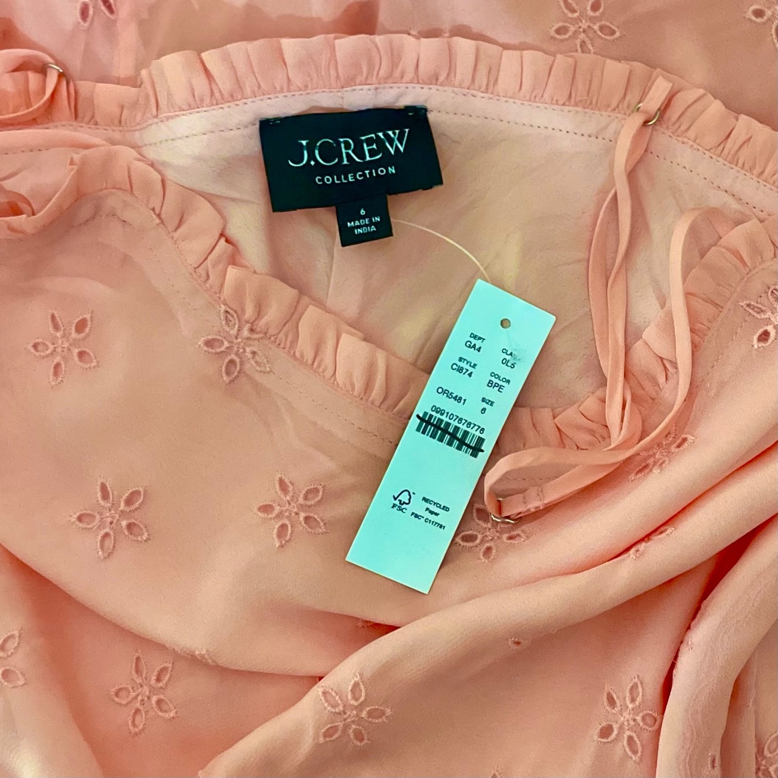 NWT!! J. CREW Collection Eyelet Maxi Slip Dress Blushed Peach Pink Fairy Size 6