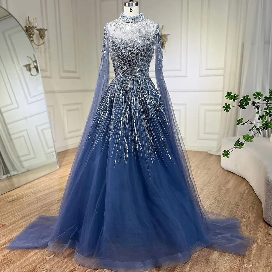 Luxury Evening Dresses with Cape Sleeves A-Line Beaded Wedding prom Party gowns*