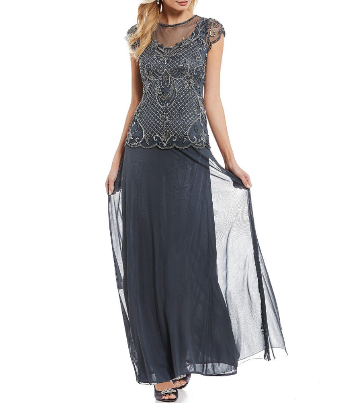 PISARRO NIGHTS ILLUSIONS YOKE BEADED BODICE MOCK TWO PIECE GOWN sz 8