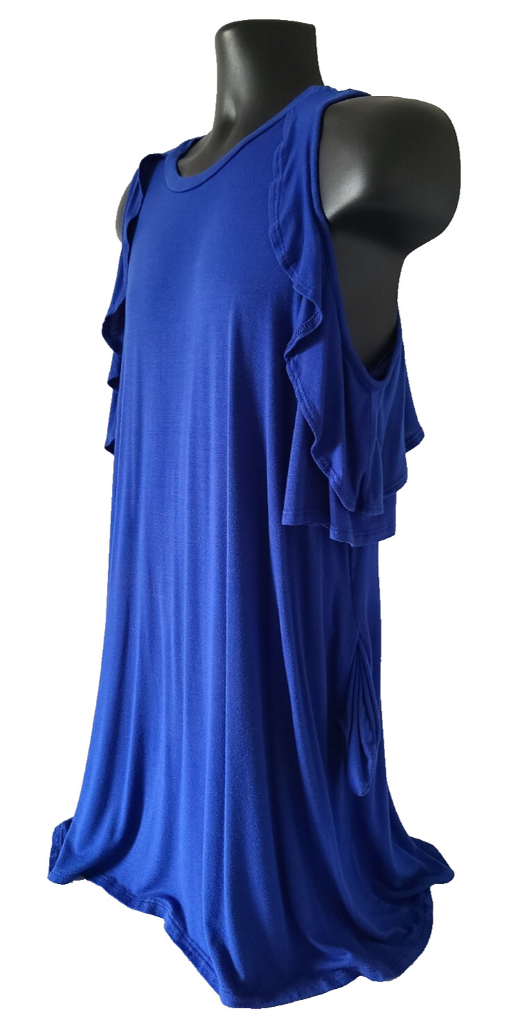 ACTING PRO Womens Cold Shoulder Shift Dress SIZE M Short Sleeve Crew Neck Blue