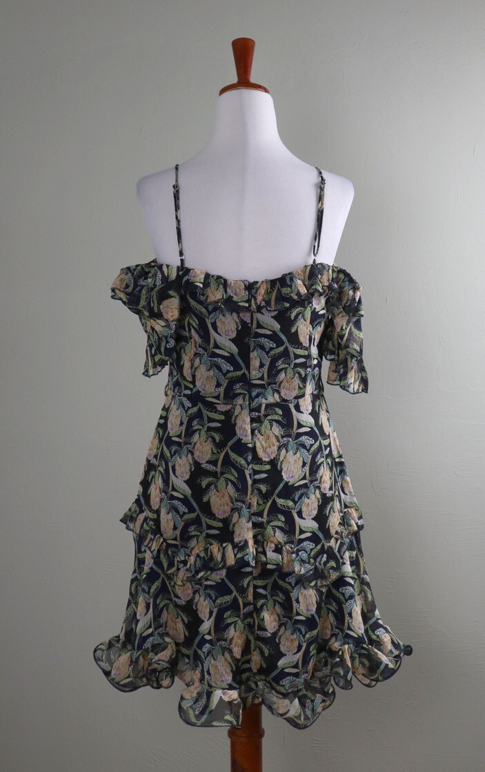 SELFIE LESLIE NWT Navy Ruffle Structured Floral Lace UpMini Dress Size Medium