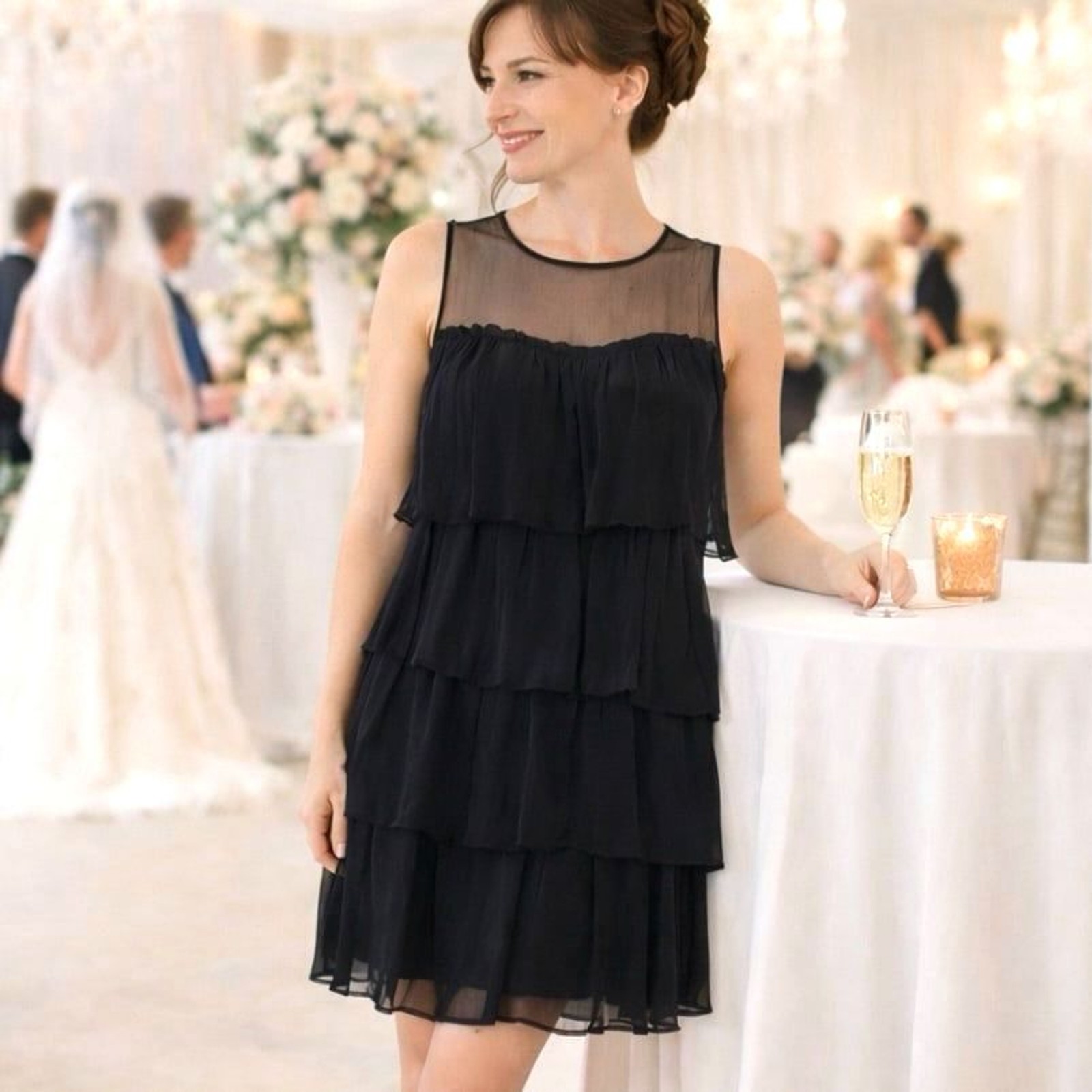 Silk Tier Ruffle Shift Dress M Illusion Sweetheart Cocktail Short Above Knee LBD