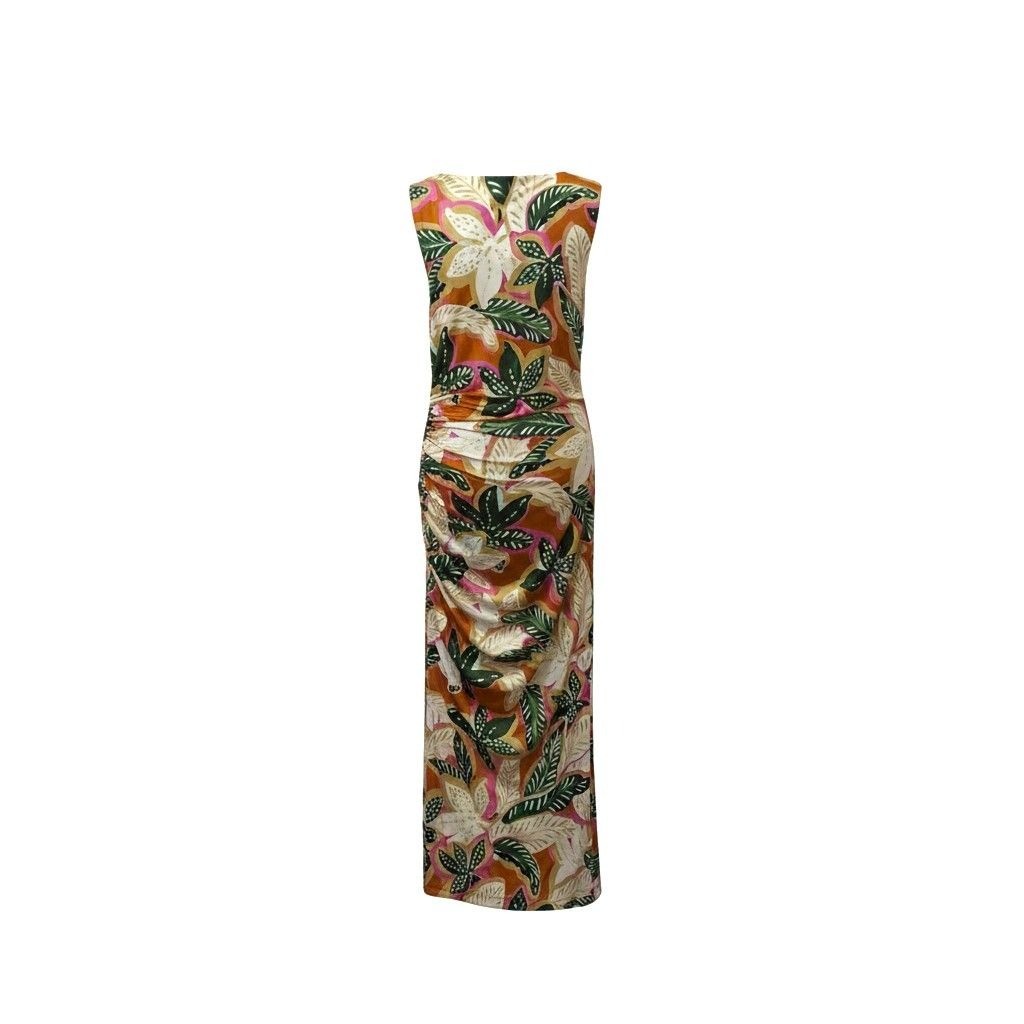 Significant Other Freda Palm Print Midi Dress Cowl Neck Ruched Bodice Sz 10