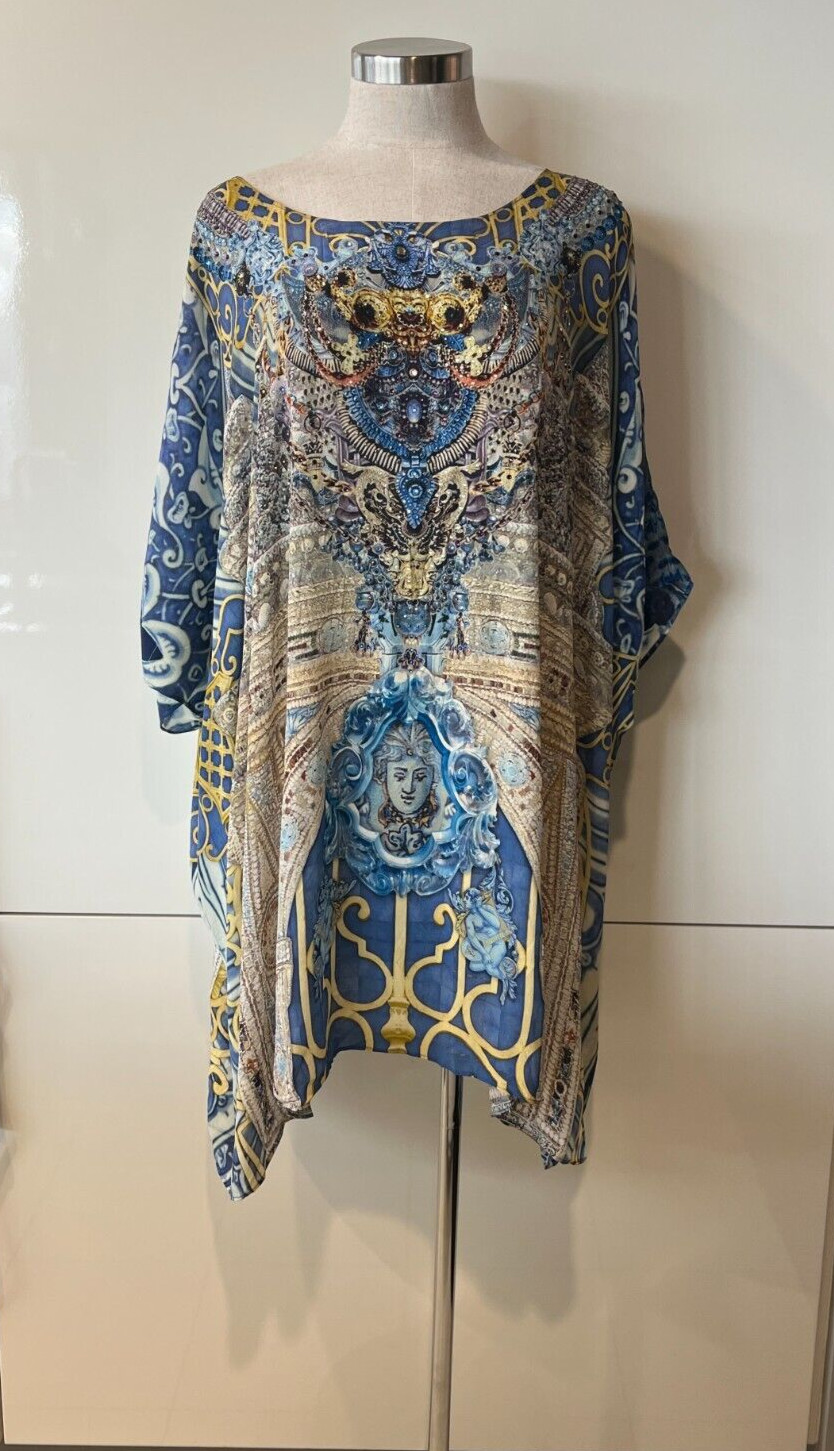 CAMILLA Blue/Yellow Medusa Print, Beads,Crystals Kaftan Dress ONE SIZE