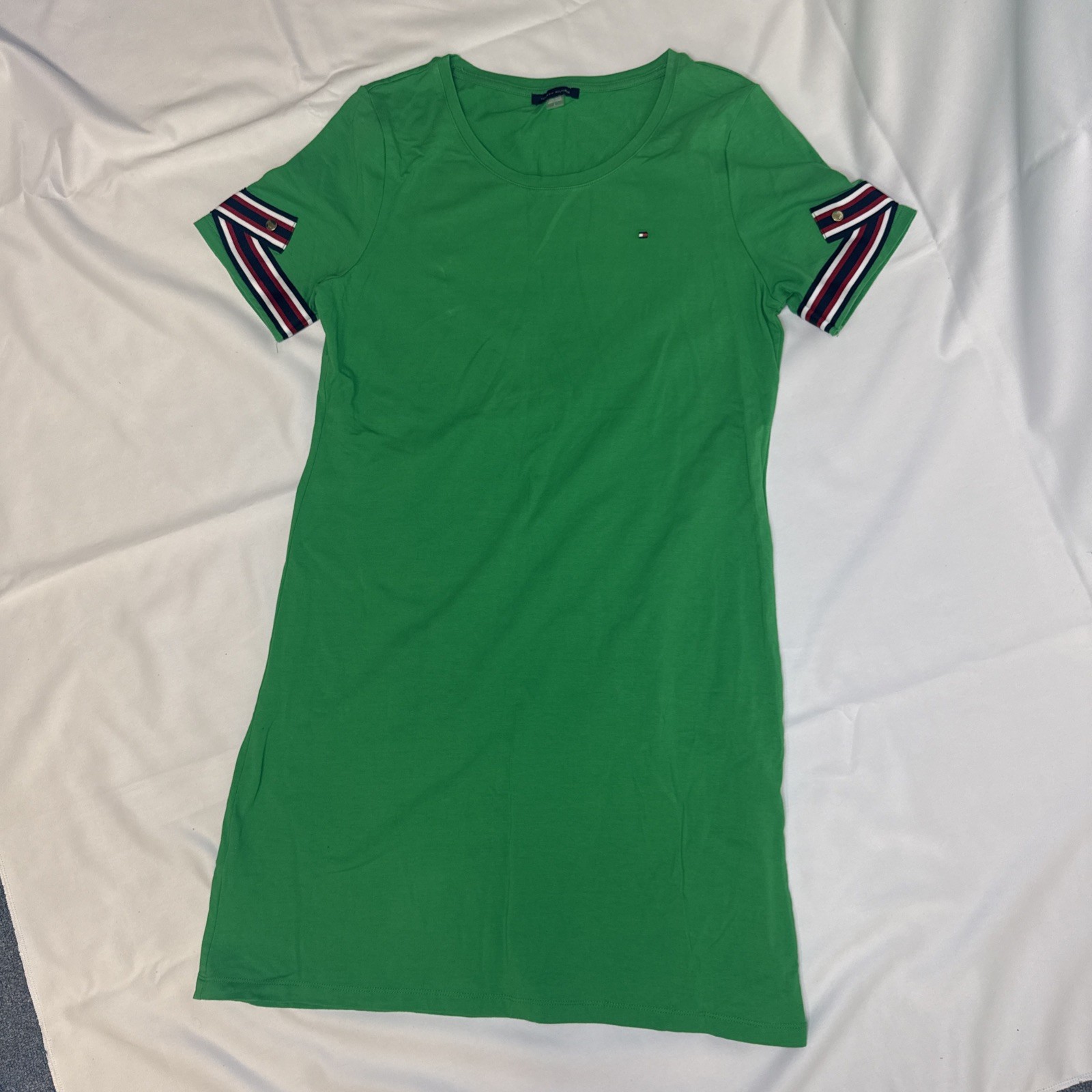 Tommy Hilfiger Women’s Green T-Shirt Dress Striped Sleeve Trim Size Large