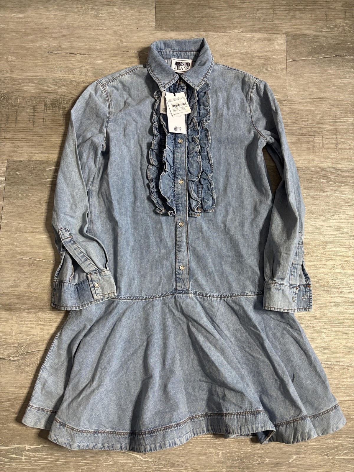 Moschino Jeans Dress Womens 38 Blue Denim Ruffle Drop Waist Long Sleeve Mini