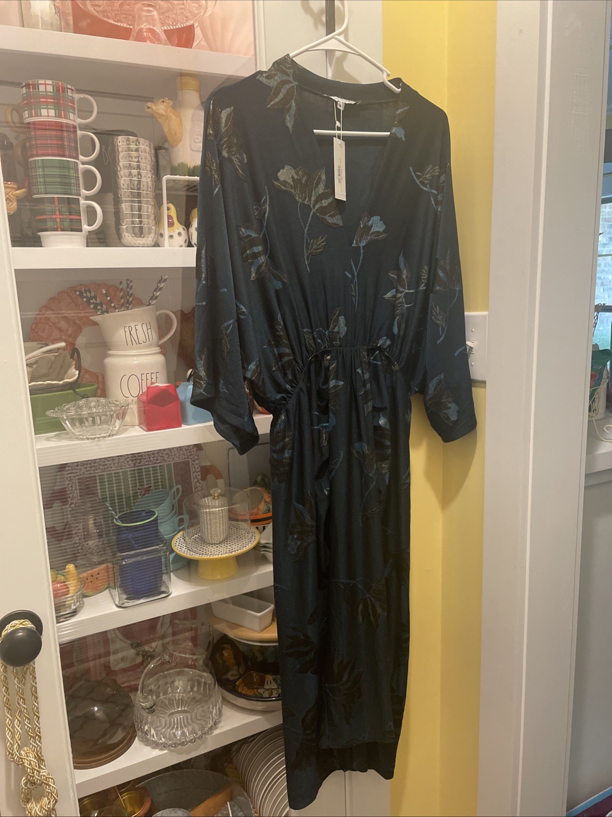 NWT Baltic Børn Shaneen Ruched Jade Midi Dress Size M Teal Gold V Neck Dolman