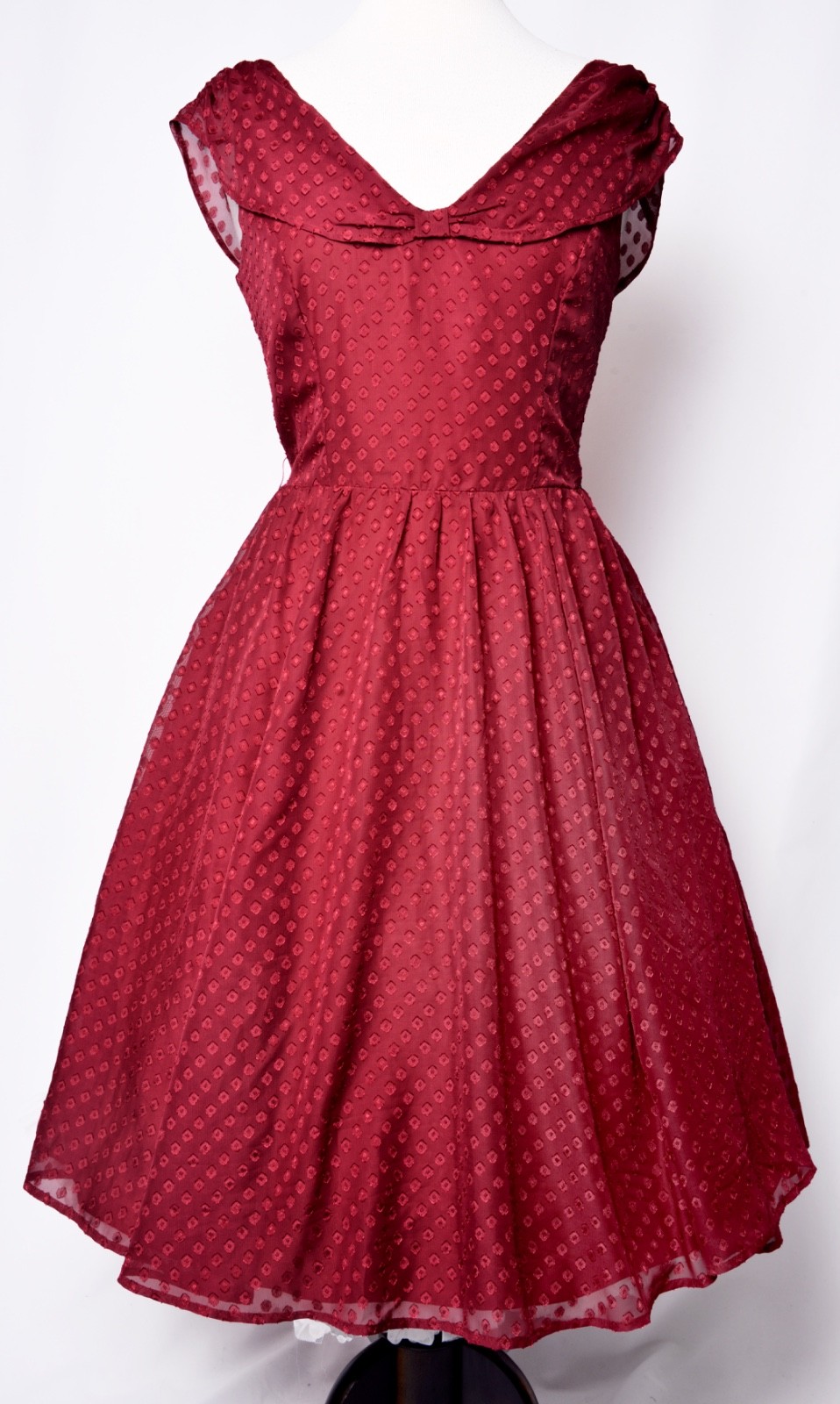 UNIQUE VINTAGE RED FLOCKED SWISS DOT TULLE OVERLAY SWING DRESS – NEW – SZ MEDIUM