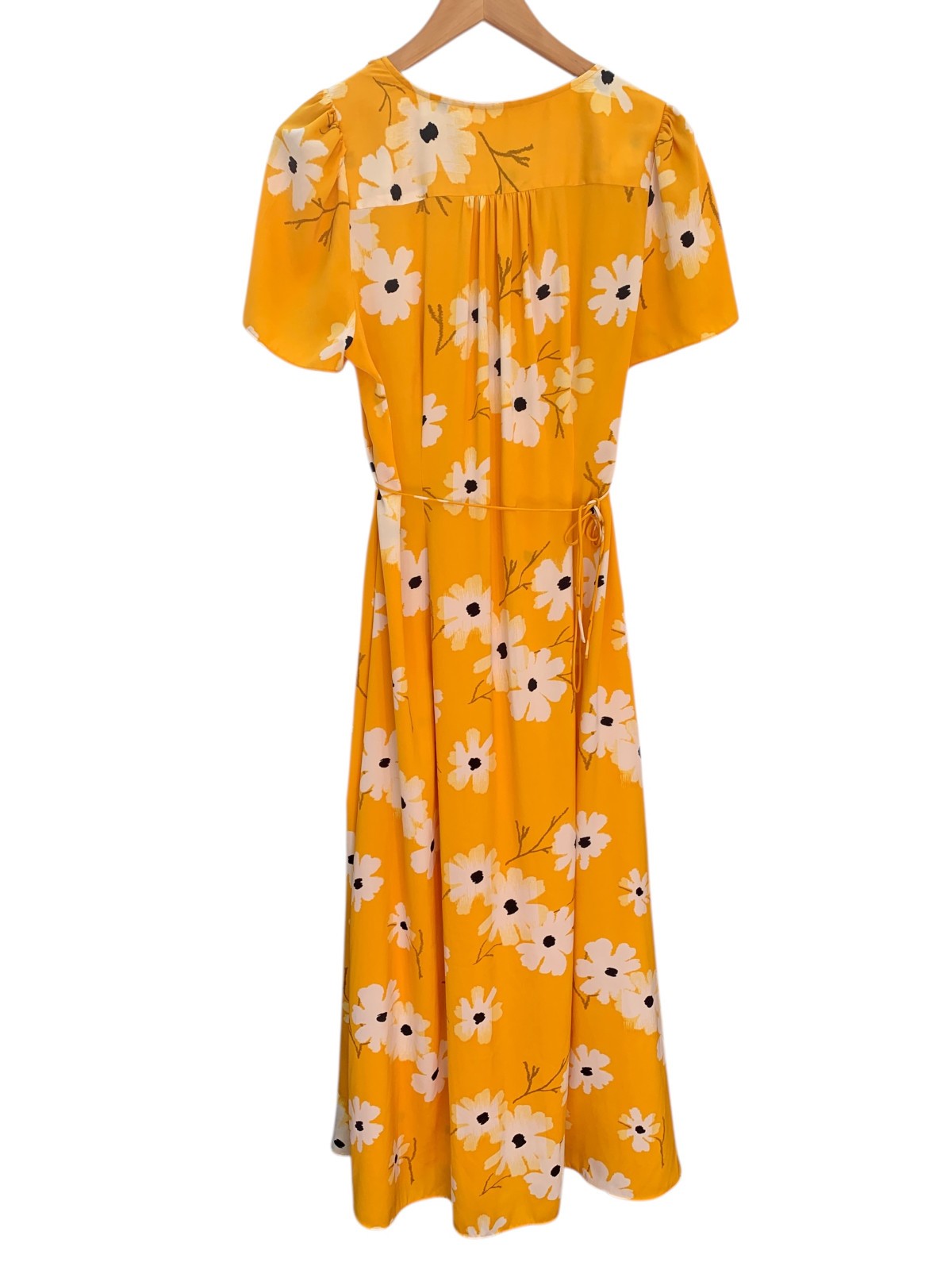 MADEWELL Puff Sleeve Wrap Dress Ikat Floral Midi Boho SZ LARGE Yellow