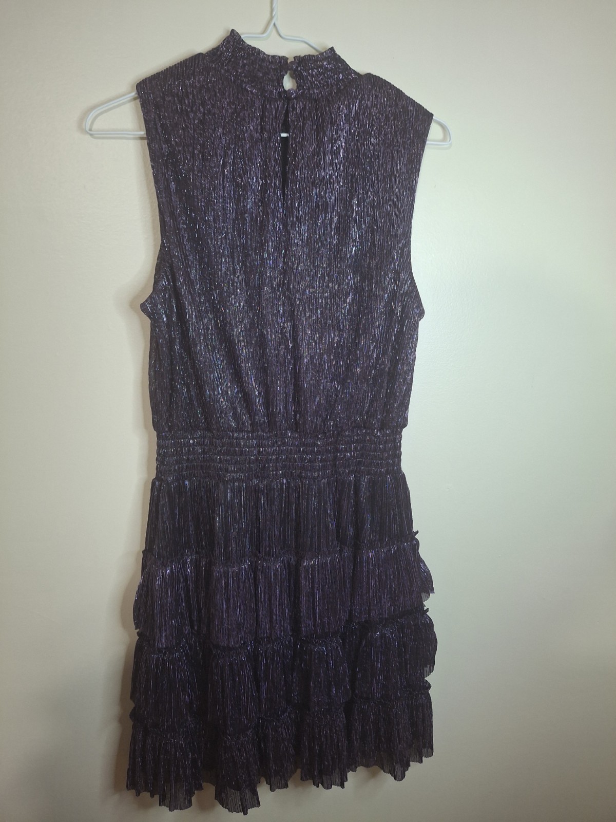 1.STATE Women’s Metallic Pleated Tiered Mini Dress Mock Neck Sleeveless M