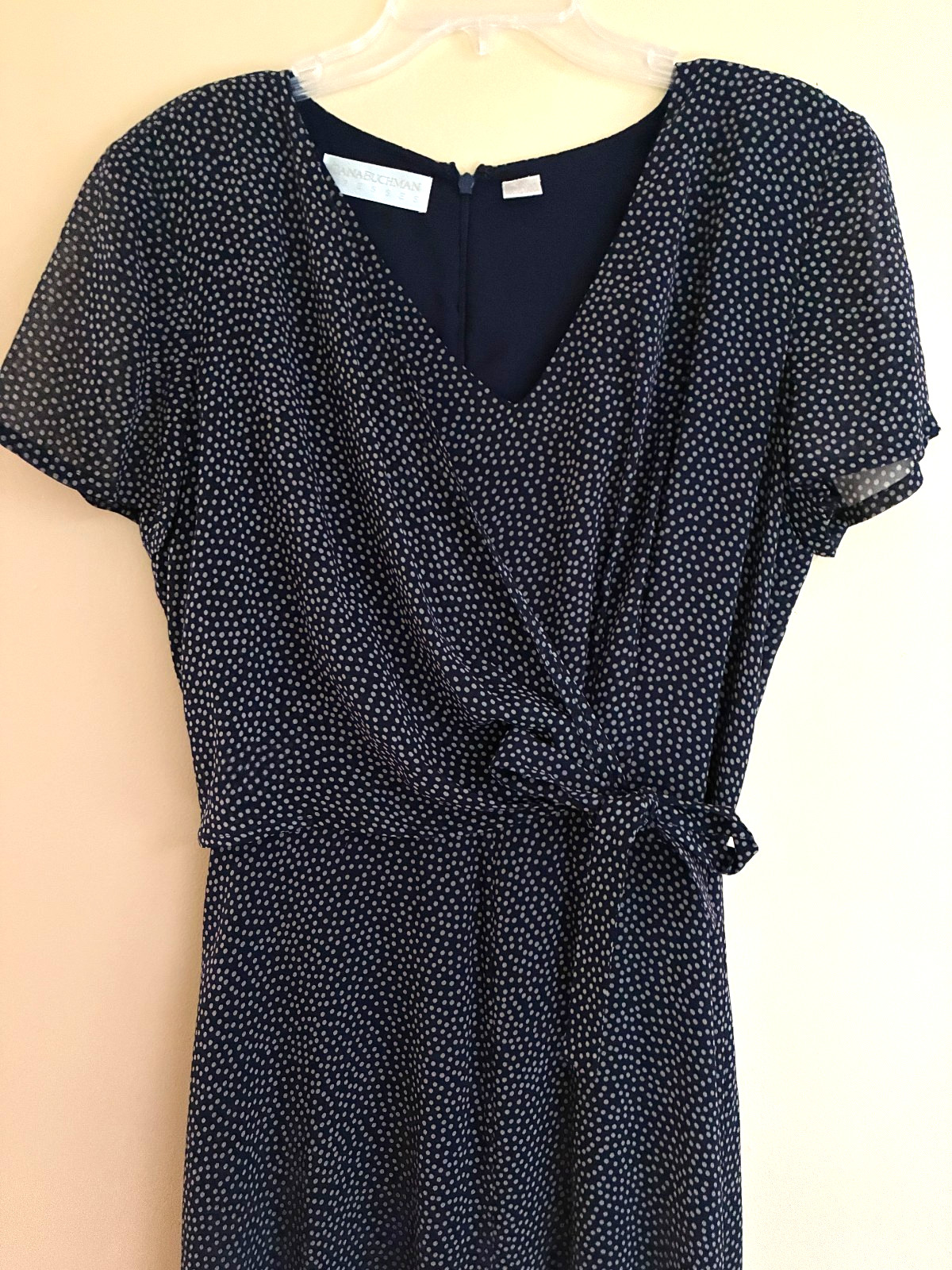 DANA BUCHMAN SILK LONG DRESS IN NAVY SMALL POLKA DOT OVERLAY BODICE OLD STOCK 14