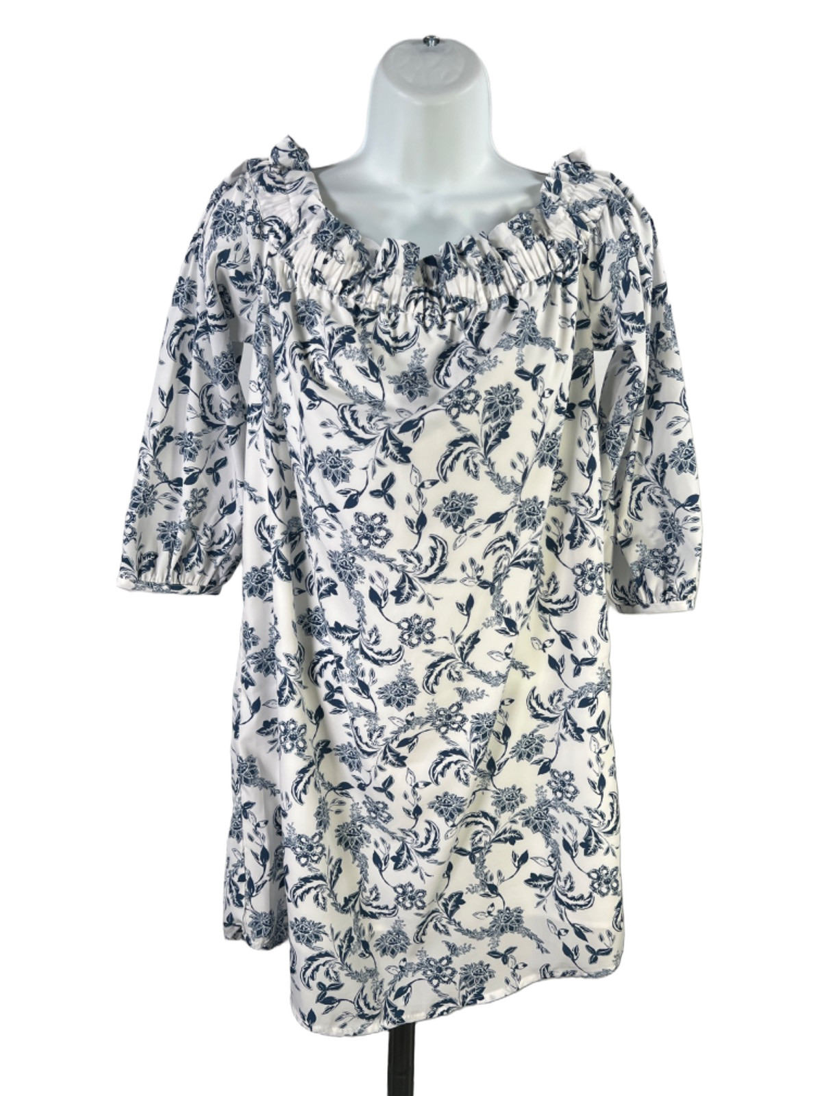 Banana Republic Women’s White/Blue Floral Off Shoulder Mini Shift Dress – 2