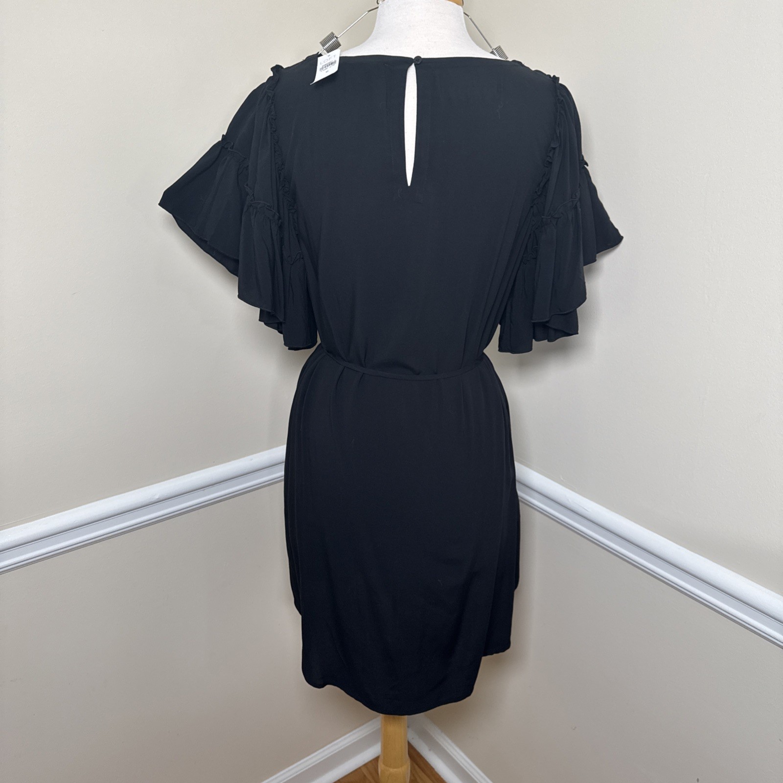 NWT LOFT Solid Black Ruffle Sleeve Tie Dress Size Medium At The Knee LBD Dressy