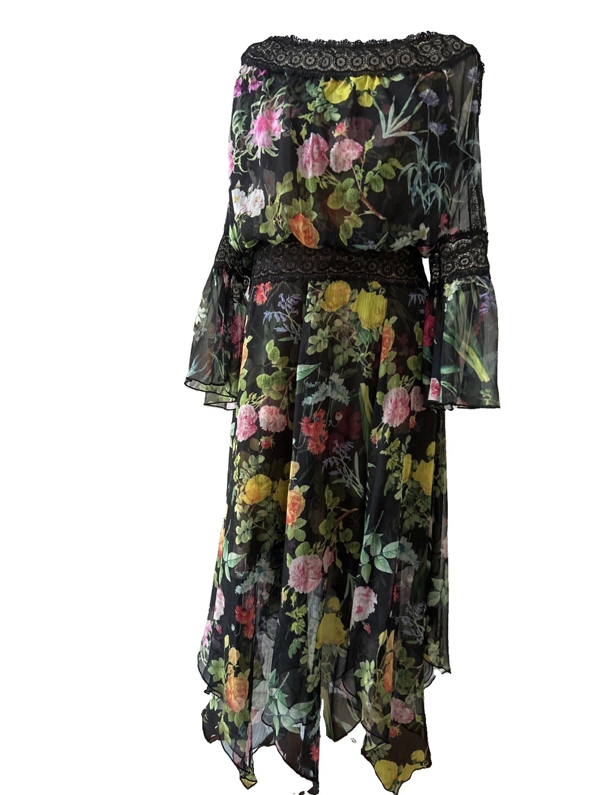 Tadashi Shoji Dress L Floral Beauty Off Shoulder Goddess Ethereal Midi EUC