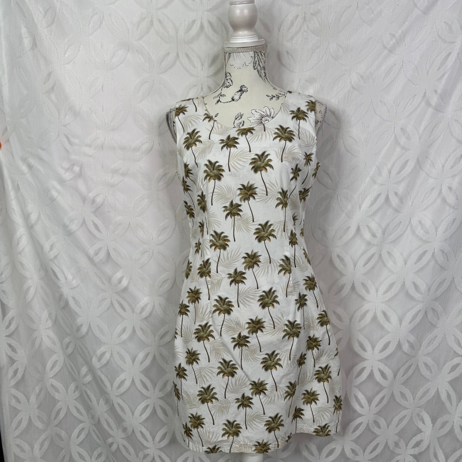 KY’S Made In Hawaii Palm Tree Print Cotton Mini Shift Dress White Green Large