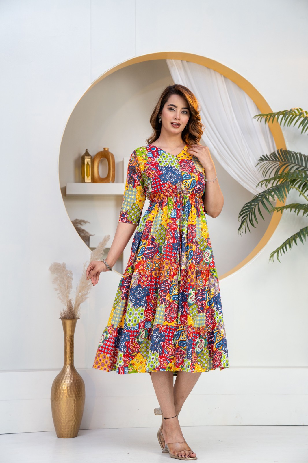 Handmade Patchwork Rayon Midi Dress – Colorful Boho Tiered Summer Style