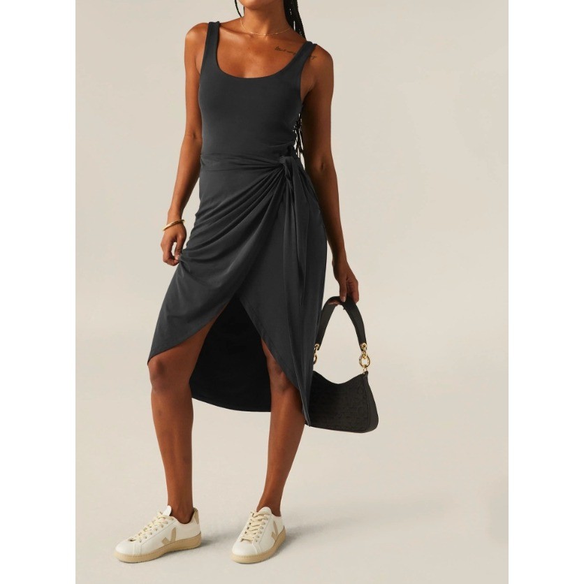 Beyond Yoga Black Scoop Neck Wrap Midi Dress NWT Sz Med Minimalist Travel Boho