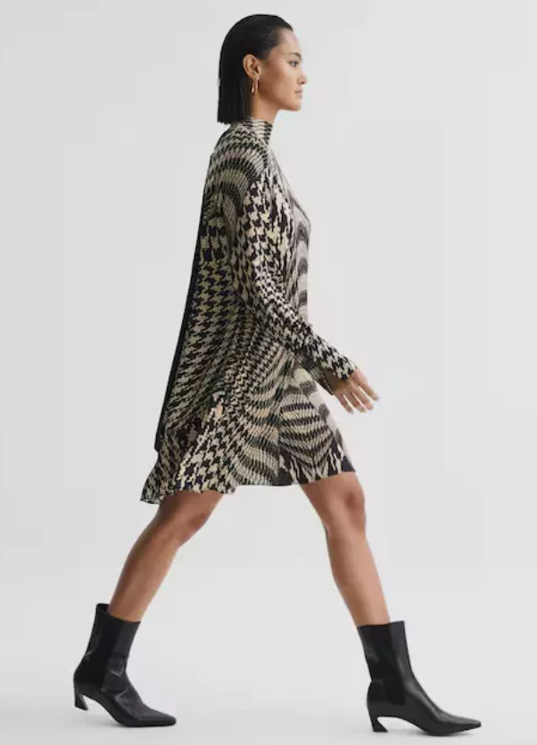 REISS Ester Placed Monochrome Black & Cream Dogtooth Print Mini Dress UK8 UK10