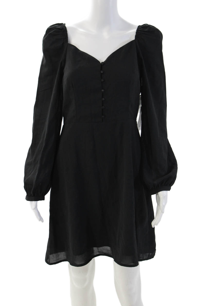 En Creme Womens A-Line Mini Dress Black V-Neck Long Sleeve Button Size M