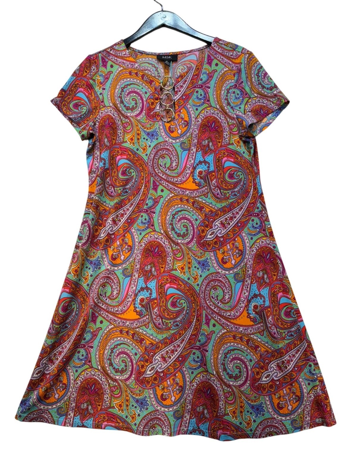 Womens Multicolor Paisley Short Sleeve Dress Gold Ring Detail Medium Stretch