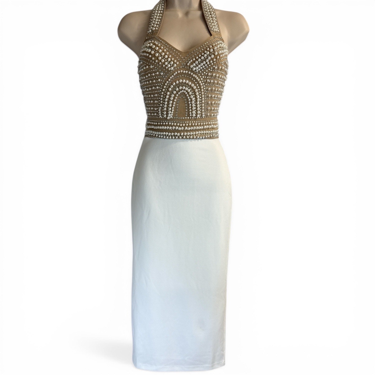 Fashion Nova Take My Hand Midi Dress XS Pearl Rhinestone Halter White