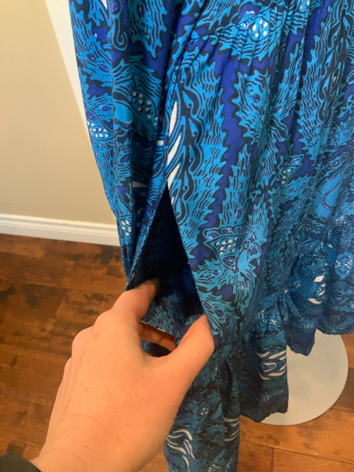 Figue Blue White Batik Print Long Sleeve Flowy Bella Dress, Size Medium