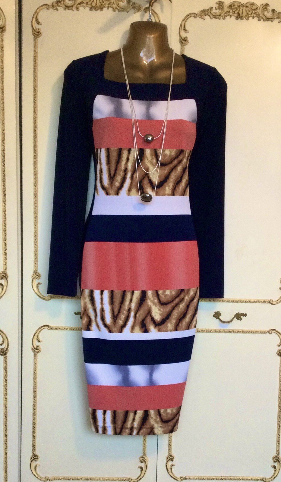 PICADILLY UK 10 / 12 Designer Navy / Coral / Multi Print Dress NWT RRP £159