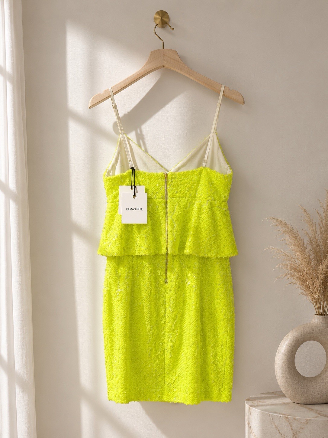 Elmas Phil NWT Neon Lime Green Sequin Peplum Mini Dress XS Party Rave Vegas