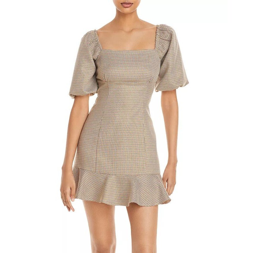 AQUA Puff Sleeve Checked Womens Mini Dress Medium Plaid Square Neck Ruffle Hem