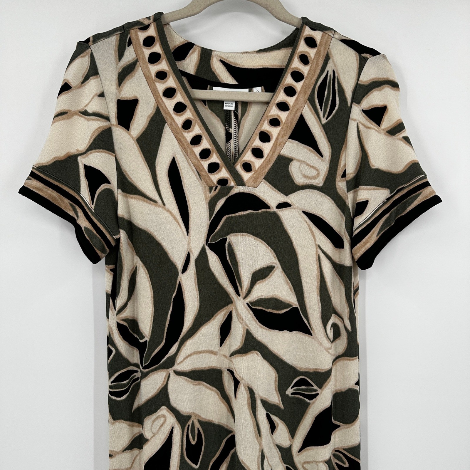 Chicos V-Neck Midi Dress Abstract Leaf Print Olive Cream Black Size 0 S