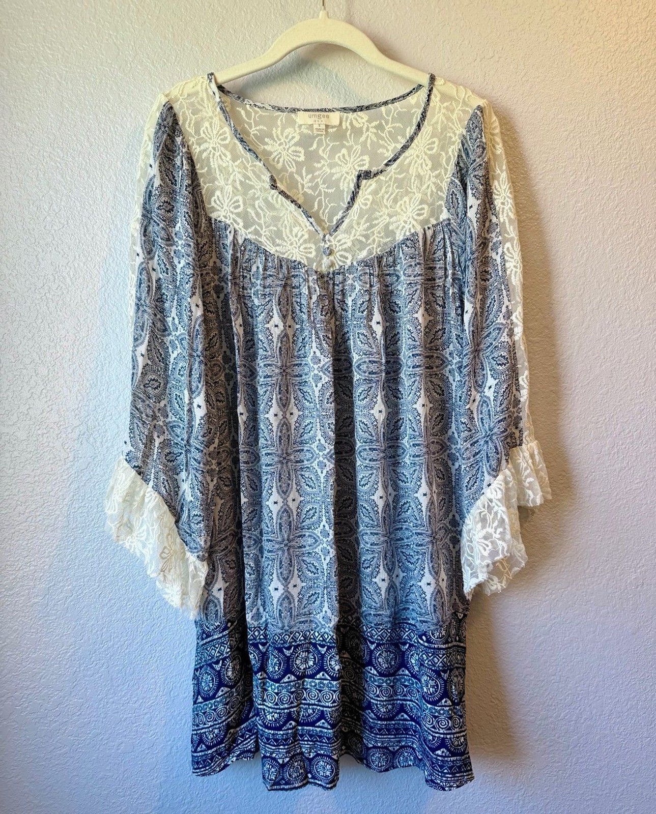 Umgee Boho Paisley Lace-Yoke Mini Dress Tunic Top, EUC. P2P 21”. Oversized Small