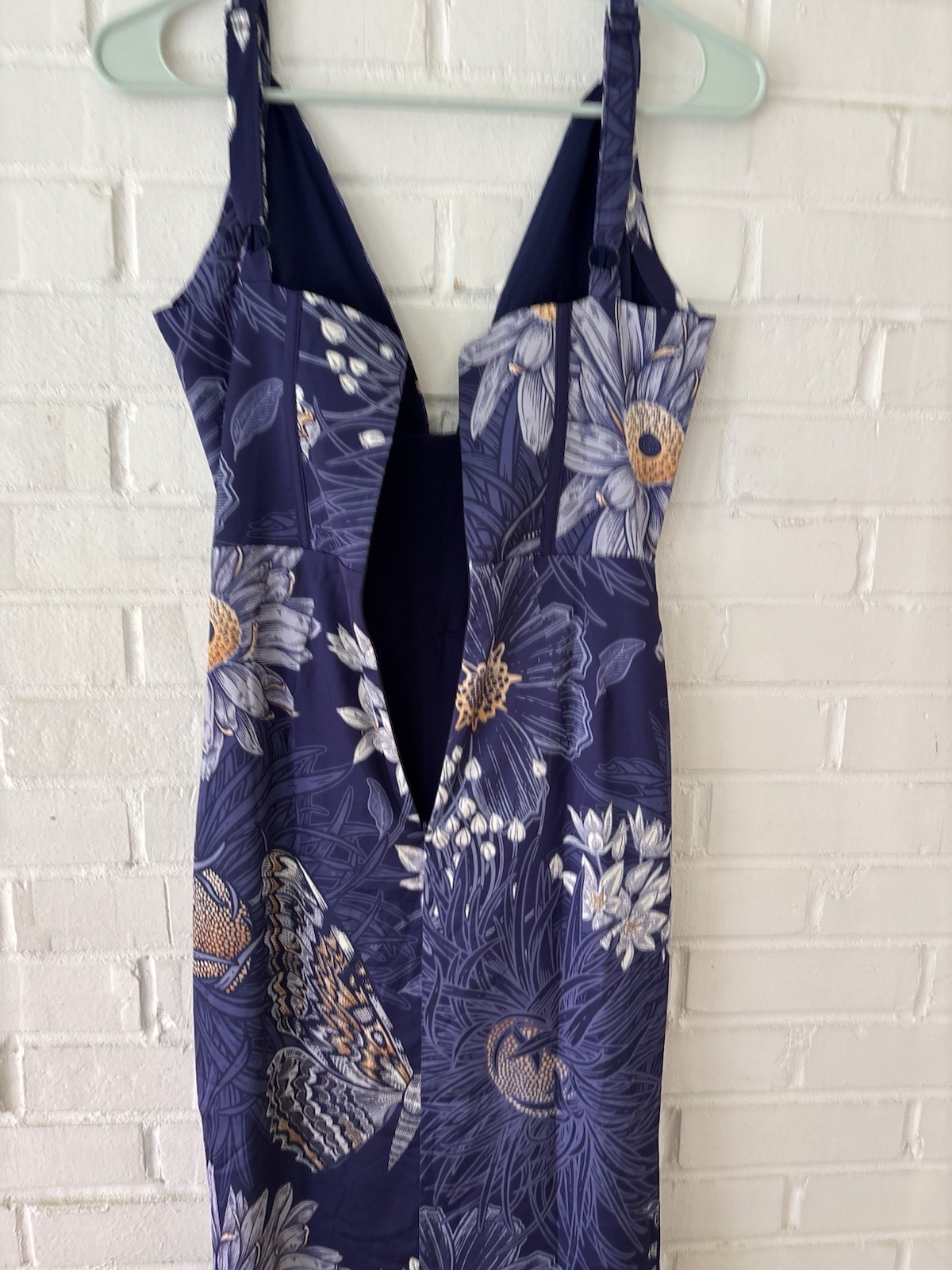 Averie Dani Draped Midi Dress Navy Blue Floral Fauna Print Corset Bustier Sz XS