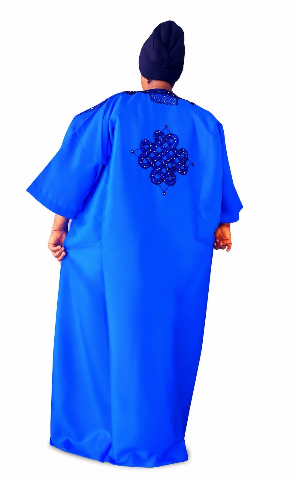 Blue Black Embroidered Kaftan Maxi Dress Round Neck Pullover Short Sleeve