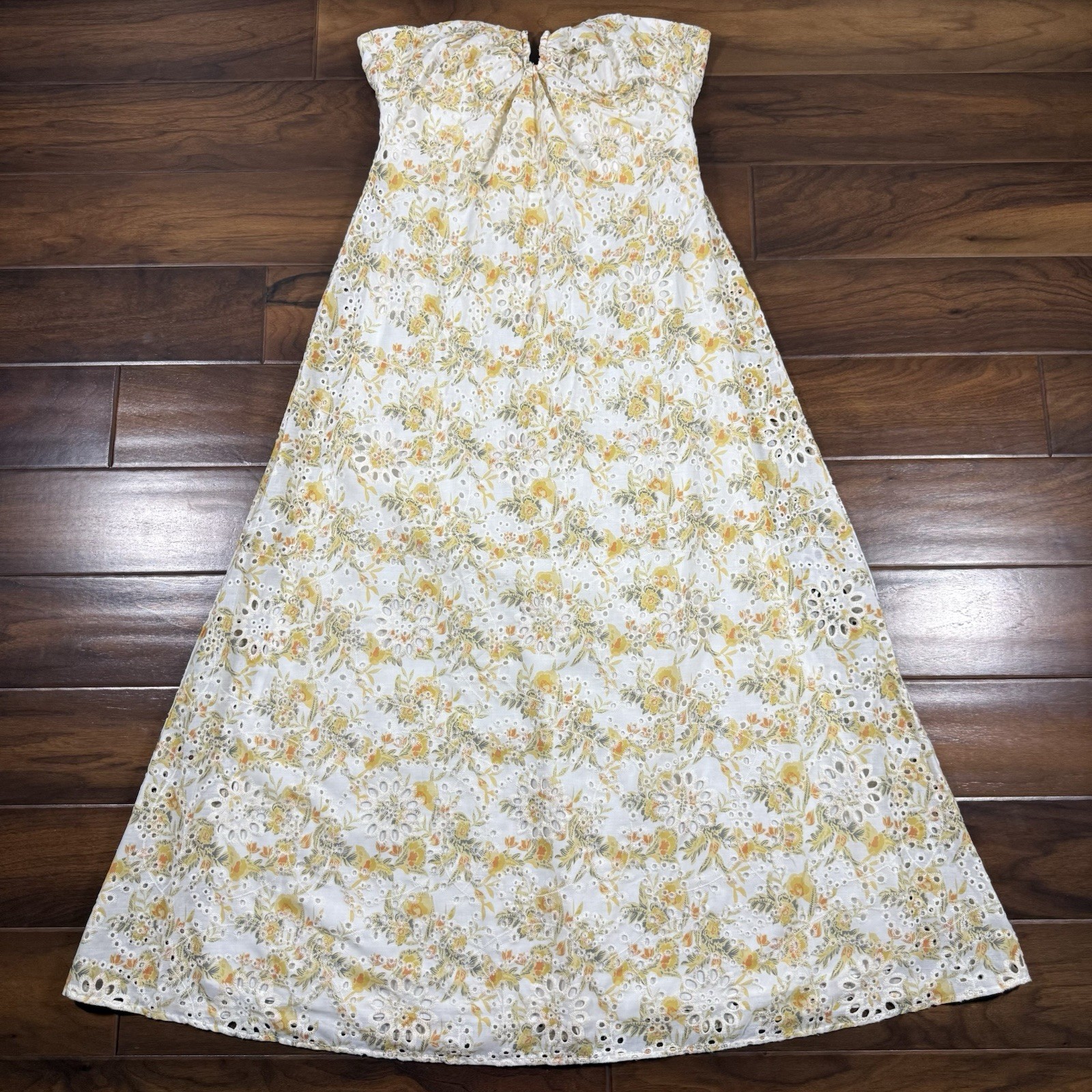 Bardot Women’s Size US 10 Yellow Floral Lora Broderie Strapless Maxi Dress