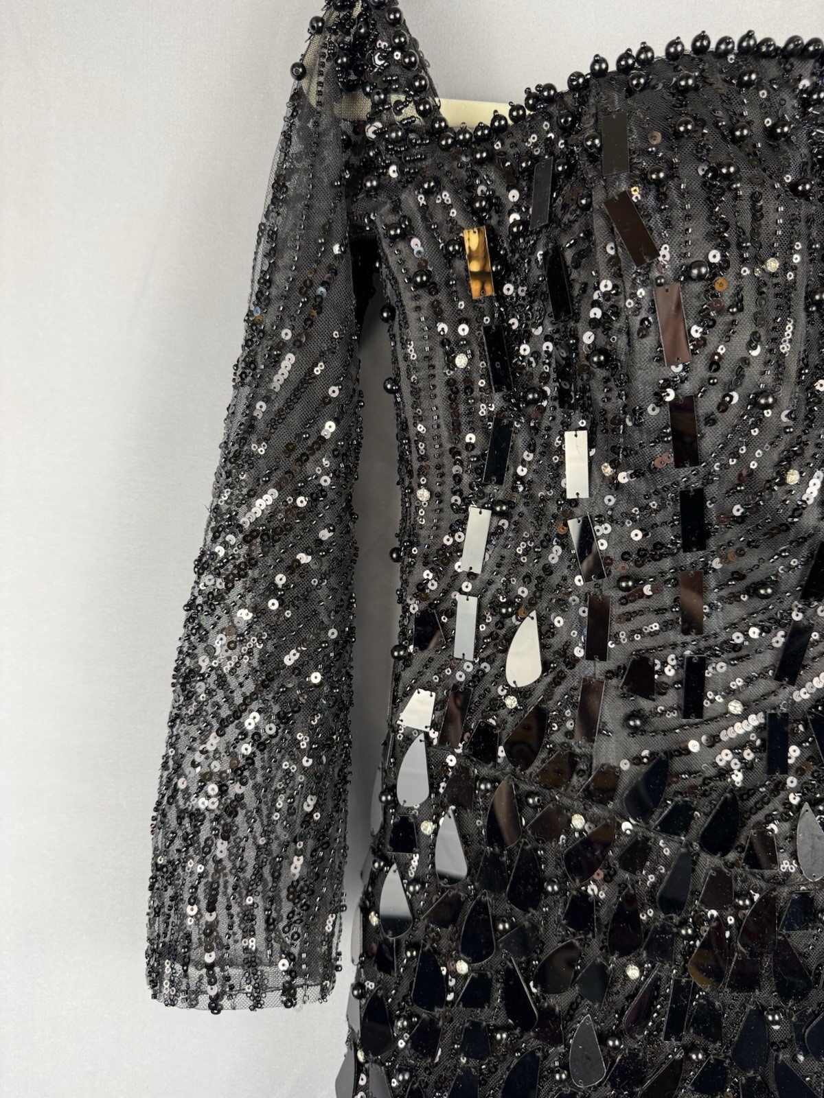 Black Beaded Sequin Sheer Midi Dress Lace Back Formal Party S Small