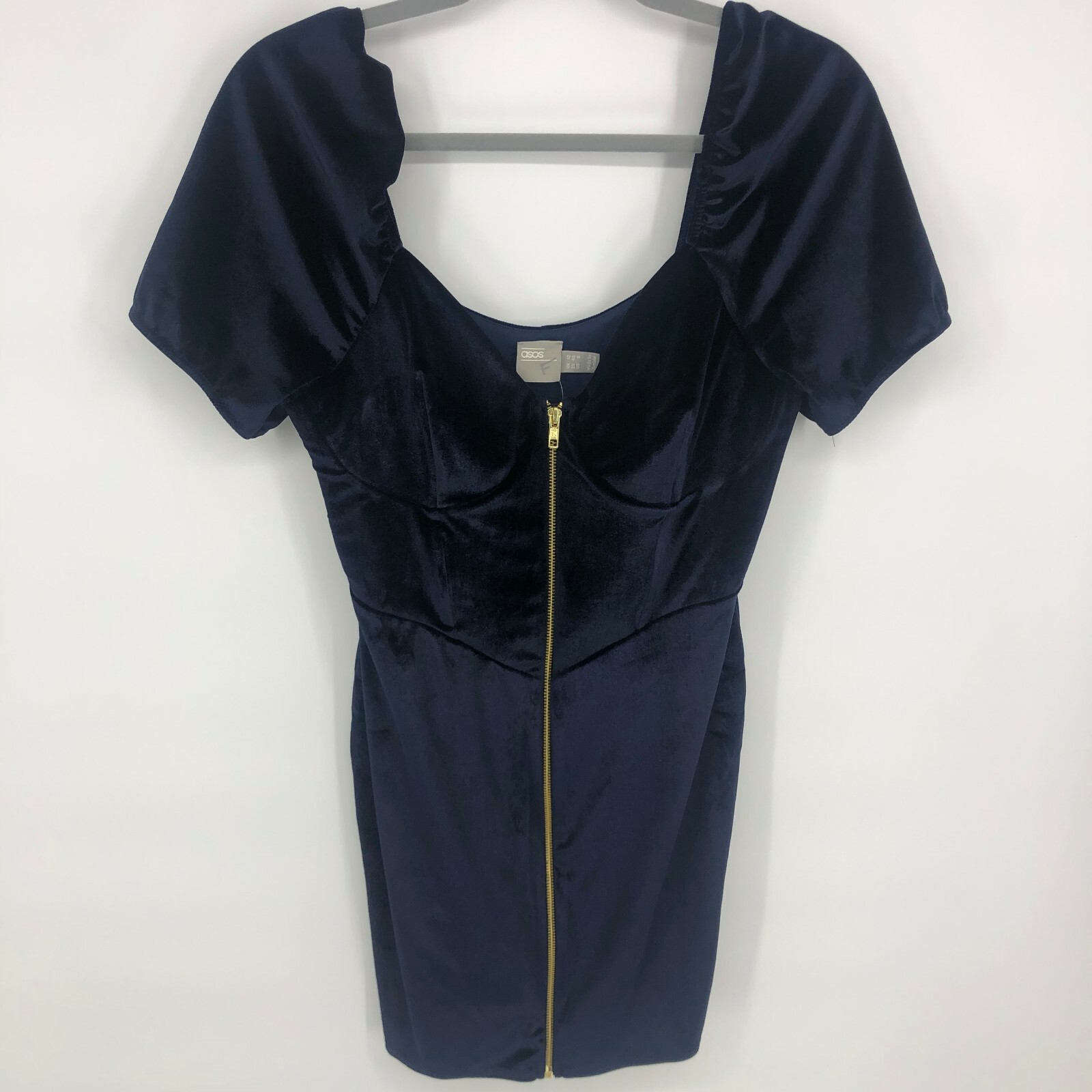 Asos Velvet Mini Dress Blue Bodycon Size 8 NWT exposed front zipper