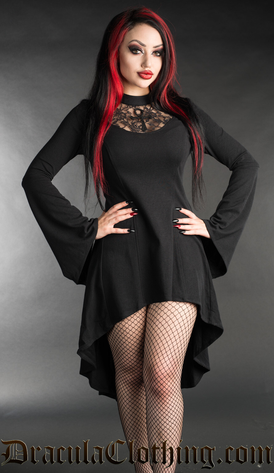 Dracula Clothing Ankh Cross Lace Bell Sleeve Goth Punk High Low Dress 29-14-ABC