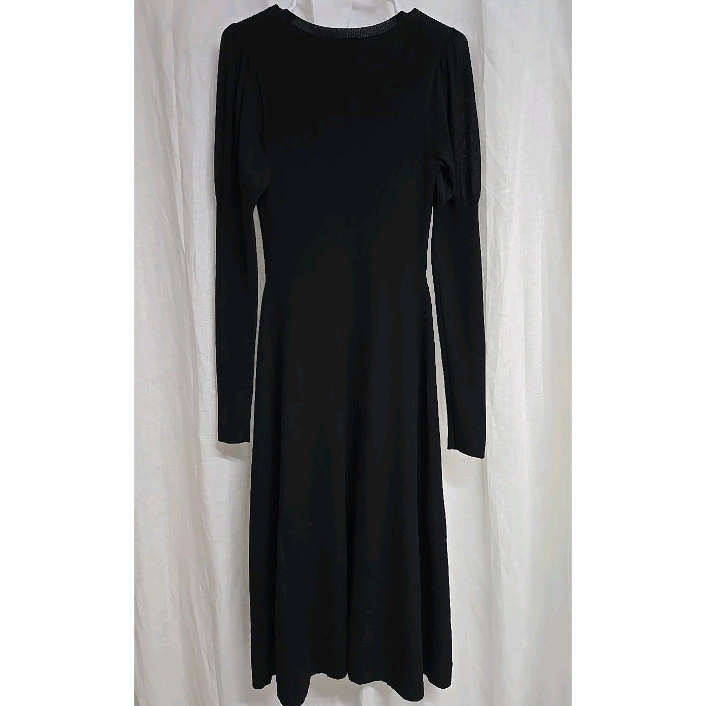 REBECCA TAYLOR Ribbed Knit V-Neck Puff Sleeves Midi Dress Stretch Black Size S